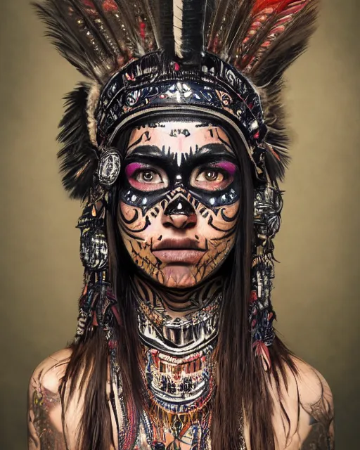 Image similar to photorealistic head and shoulders photo of beautiful female ornate fantasy indian tribal aztec warrior goddess, confident, minimal black skull warpaint, tattoos, Neil Blevins, James Paick, Natasha Tan Maciej Kuciara, Frank frazetta, arney freytag, Ritu Kumar, Sabyasachi Mukherjee, Annie Leibowitz, Magic the gathering,octane, bokeh, 8k, fashion pose, cinematic, National Geographic photo shoot, 28mm