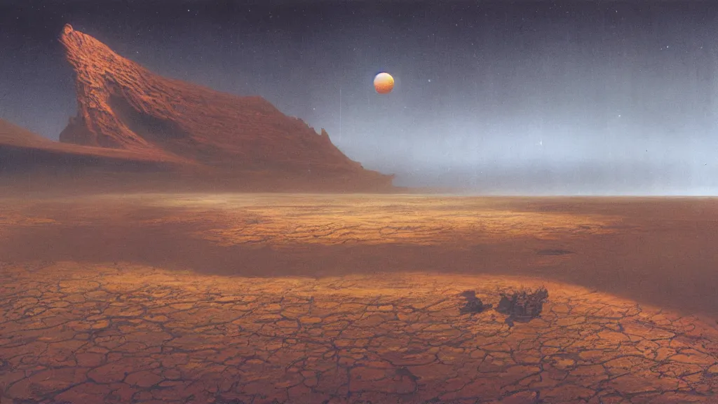 Prompt: emissary space by arthur haas and bruce pennington and john schoenherr, cinematic matte painting, photo realism, dark color palate, desert mars