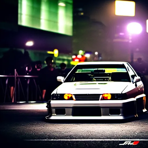 Image similar to a car JZX100 twin turbo drift at illegal car meet, Shibuya prefecture, city midnight mist lights, cinematic lighting, photorealistic, highly detailed wheels, high detail