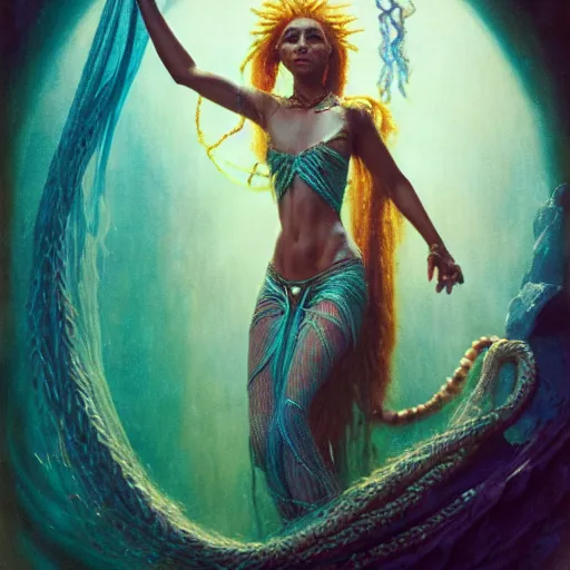 Image similar to birth of mami wata, sumerian goddess inanna ishtar, ashteroth, techno mystic goddess princess intergalactica, with aqua neon rapunzel dreadlocks, mami wata, detailed, by gaston bussiere, bayard wu, greg rutkowski, giger, maxim verehin, greg rutkowski, masterpiece, sharp focus,