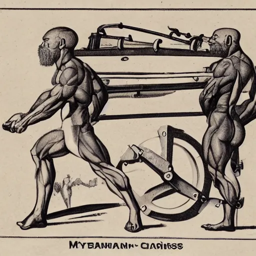 Image similar to a muscular bald man carrying engines on his back, technical diagram