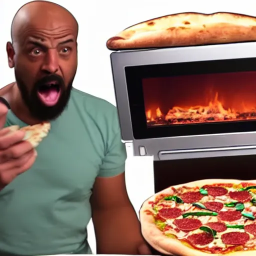 Prompt: a bald black man screaming while putting a pizza in the oven, restaurant security cam footage, high definition