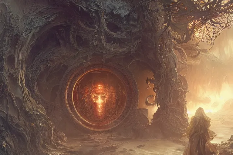 Image similar to a lovecraftian painting of a demonic portal, cosmic horror elements, ultra realistic, concept art, intricate details, eerie, highly detailed, photorealistic, octane render, 8 k, unreal engine. art by artgerm and greg rutkowski and alphonse mucha