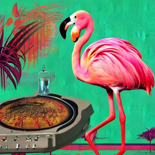 Prompt: the flamingo cafe, internetcore plunderphonic collage album cover, bird music, meme trending on artstation