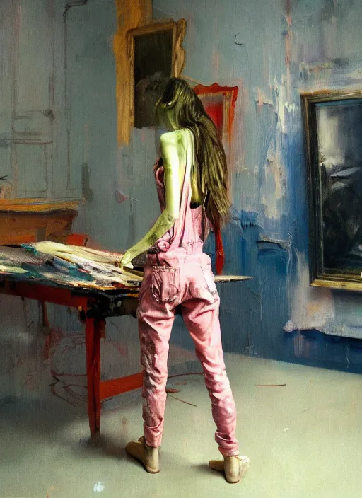Prompt: an insane, skinny, artist wearing torn overalls, expressive emotions, painting inside a grand messy studio, depth of field, hauntingly surreal, highly detailed oil painting, by francis bacon, edward hopper, adrian ghenie, glenn brown, soft light 4 k in pink, green and blue colour palette, cinematic composition, cinematic lighting, high quality octane render, masterpiece