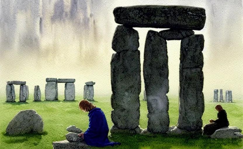 Prompt: a hyperrealist watercolour character concept art portrait of one small grey medieval monk kneeling down in prayer in front of a complete stonehenge monument on a misty night. a huge stone is floating above stonehenge. by rebecca guay, michael kaluta, charles vess and jean moebius giraud