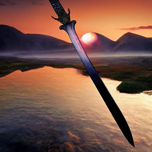 Image similar to a floating sword in front of a sunrise, extremely realistic and beautiful