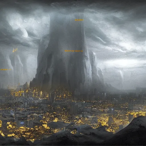 Image similar to the city of gold at the bottom of the abyss, matte painting