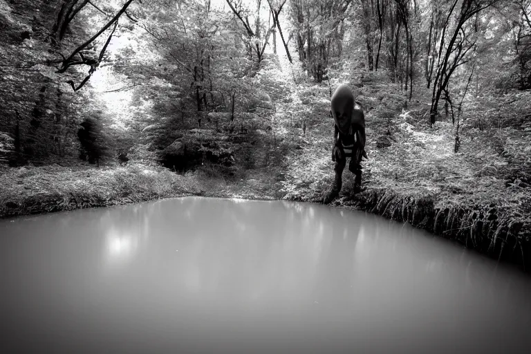 Image similar to infrared night vision trail cam of an alien grey creeping through a creek