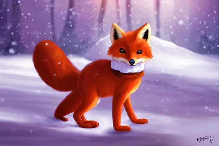 Prompt: an anthropomorphic fox with a fluffy tail wearing a scarf playing in the snow, backlighting, trending on pixiv, digital art, furry art, trending on furaffinity