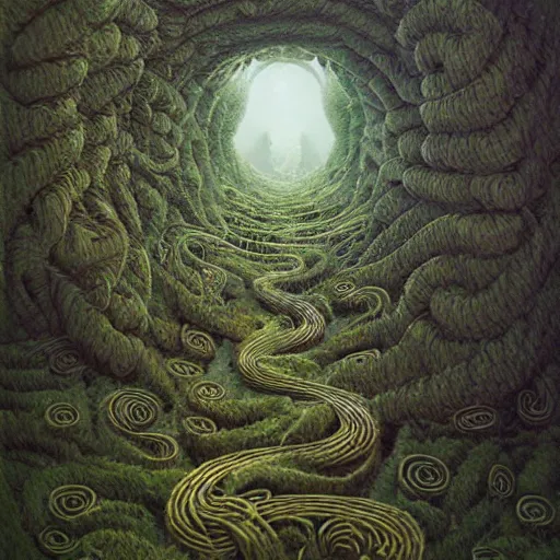 Image similar to Winding labyrinthine hedge maze, by zdzislaw beksinski and peter mohrbacher, trending on artstation