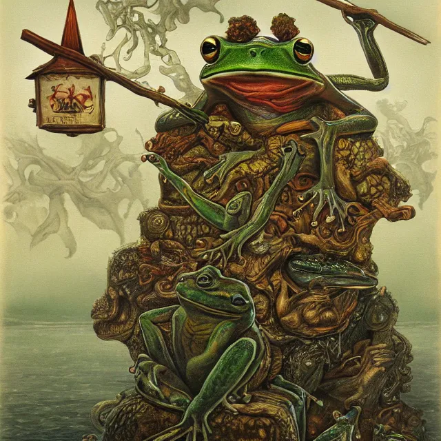 Image similar to a painting of the kings of frog island by johfra bosschart, dark fantasy art, high detail, trending on artstation