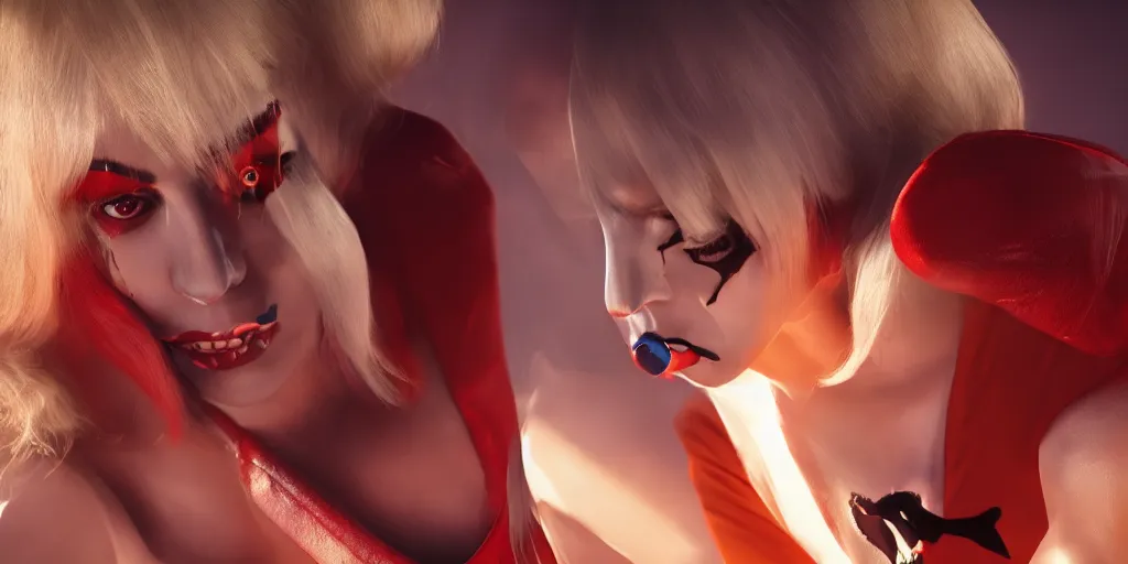 Image similar to lady gaga play harley quinn, volumetric lighting, beautiful, golden hour, sharp focus, ultra detailed, cgsociety