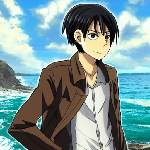 Prompt: Eren Jeager pointing at the ocean wearing a crown and suit