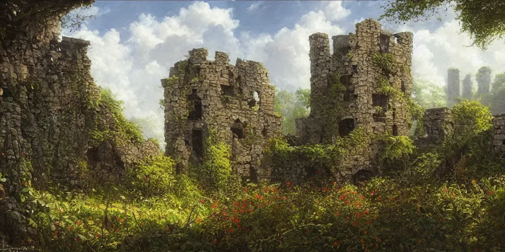 Image similar to Art of The cinematic view of The overgrown ruins of a stone tower amidst a forest of flowering trees by John Howe