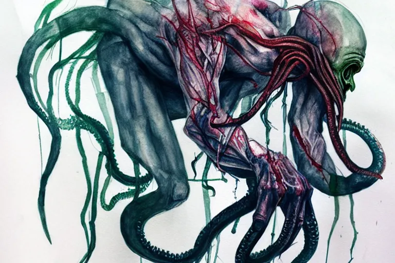 Prompt: cthulhu with a human body walks through the streets of london. by Agnes Cecile but in watercolor and pencil