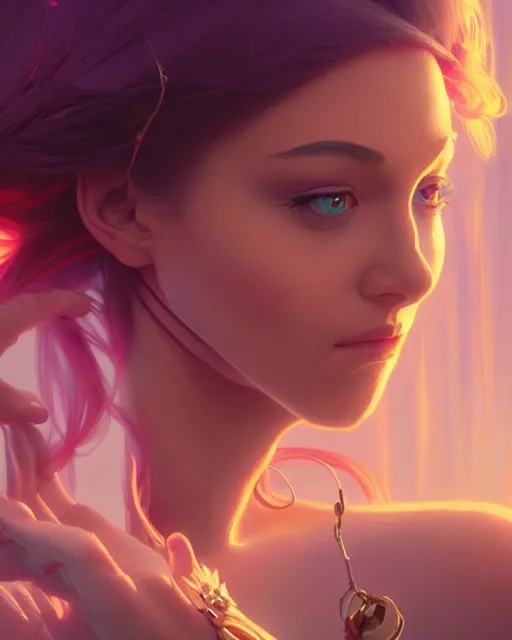 Image similar to highly detailed surreal vfx portrait of a beautiful female magician, stephen bliss, unreal engine, greg rutkowski, loish, rhads, beeple, makoto shinkai and lois van baarle, ilya kuvshinov, rossdraws, tom bagshaw, alphonse mucha, global illumination, detailed and intricate environment