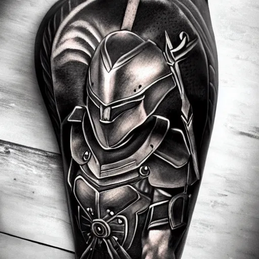 Prompt: a spartan warrior with shield and sword, tattoo, tattoo art, Black and grey tattoo style,