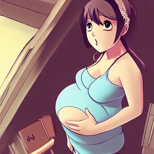 Image similar to cute pregnant girl with big pregnant belly, baby is kicking inside, high quality art in anime style, trending on pixiv