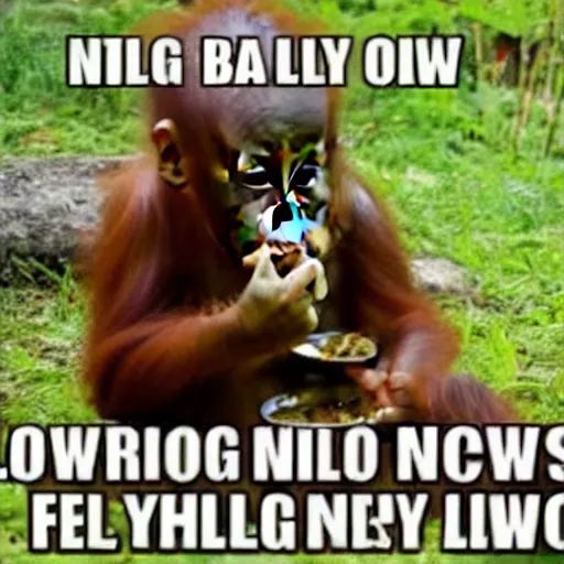 Image similar to baby orangutang eating with knife and fork, low quality 2 4 0 p old smartphone photo meme