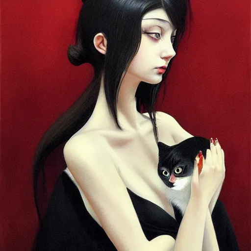 Image similar to a painting of a woman holding a cat, a photorealistic painting by tran nguyen and ilya kuvshinov, featured on deviantart, gothic art, goth, gothic, detailed painting