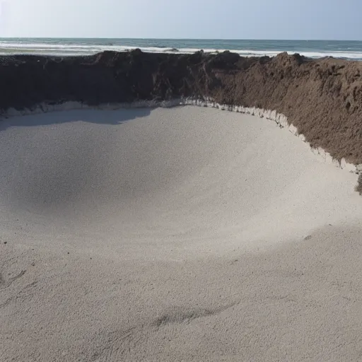 Prompt: deep dark hole on a sandy mississippi beach, no trees no palm trees, no rocks.