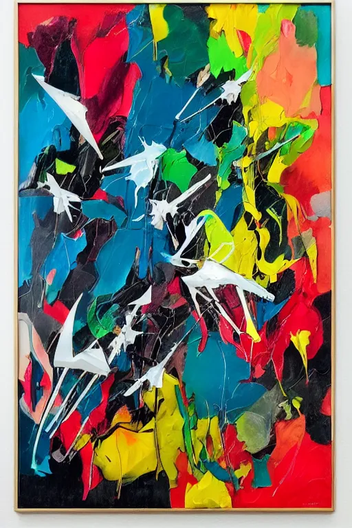 Prompt: abstract expressionist painting, paint drips, acrylic, wildstyle, clear shapes, maximalism, smeared flowers, origami crane drawings, oil pastel gestural lines, large triangular shapes, painting by ashley wood