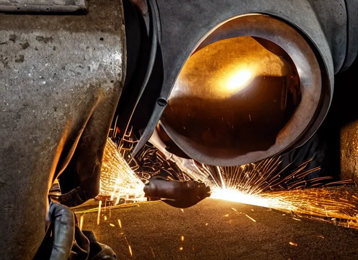 Image similar to welder in welding mask, hiding in drain pipe, ominous lighting