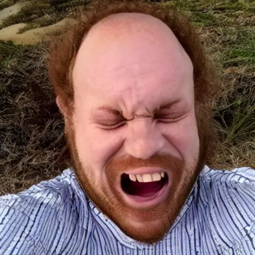 Image similar to a guy with a heavily receding hairline and curly reddish brown hair with multiple chins receding his head into his multiple chins while making a stupid funny meme face selfie