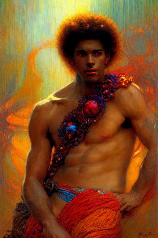 Image similar to attractive male, character design, colorful, afrofuturism, painting by gaston bussiere