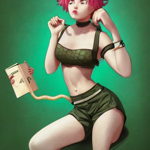 Prompt: Cute teenage medusa at the mall, greenish skintone, snake hair, croptop and shorts, illustration by artgerm, chris mcgrath, greg ruth, Achille Mauzan, stylized, upper body, candid pose