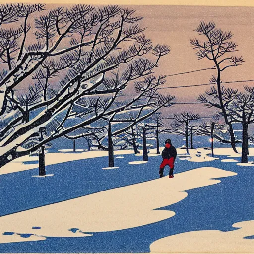 Image similar to enoden running in the snow near shonan kaigan koen station, ukiyoe, intricate,