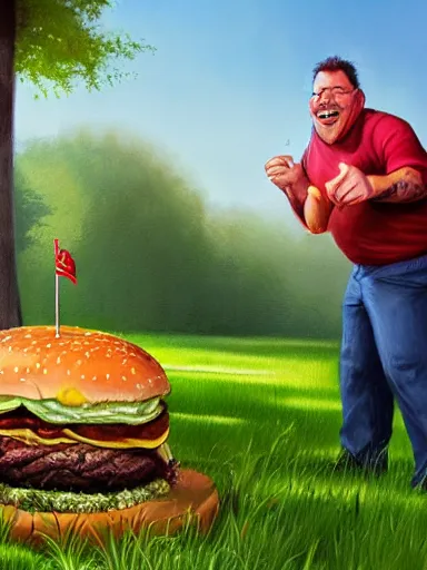 Prompt: a happy middle aged man, fliping burgers in the grill on the lawn. intricate, elegant, highly detailed, digital painting, artstation, concept art, sharp focus, illustration, by justin gerard and artgerm, 8 k