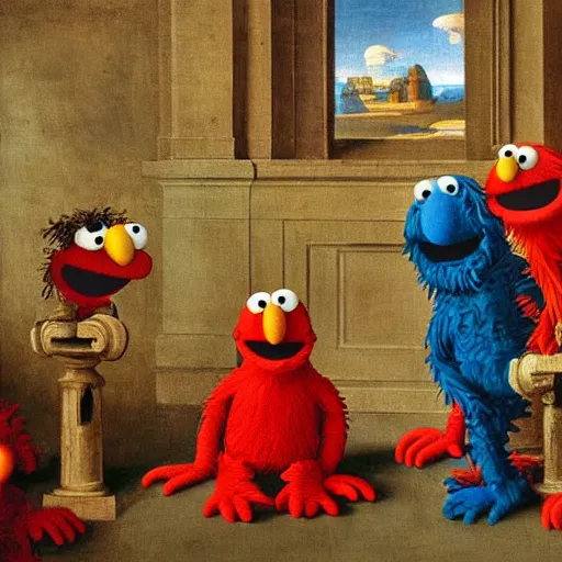 Image similar to A religous painting of Elmo from Sesame Street talking to his followers who are muppets, painted by Michelangelo.