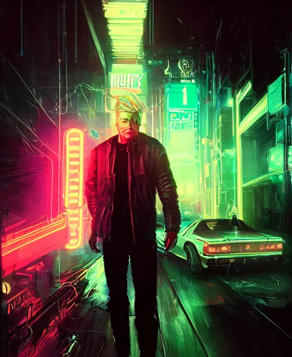 Prompt: marty mcfly, wires, neon lights, cyberpunk, highly detailed painting by jeremy mann and cd projekt red and charlie bowater and titian and artgerm