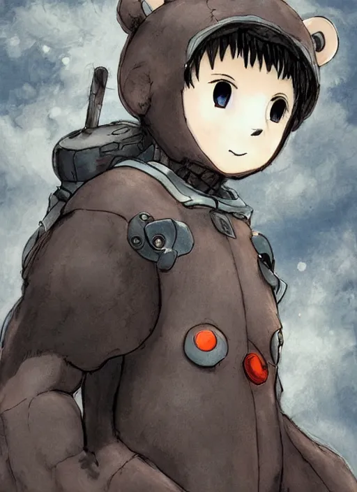 Prompt: beautiful little boy wearing an cyborg bear suit, artwork in kentaro miura and made in abyss and rosdraws and evangelion, smooth, beautiful lightness, anatomically correct, trending on pixiv, forest