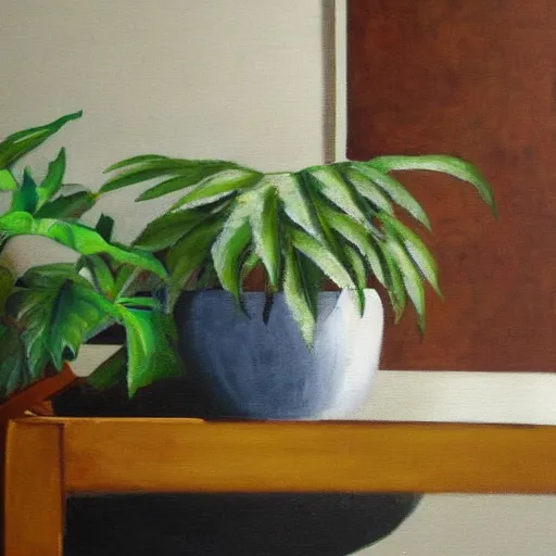 Prompt: a painting of a sofa and a plant in the style of Alon Braier