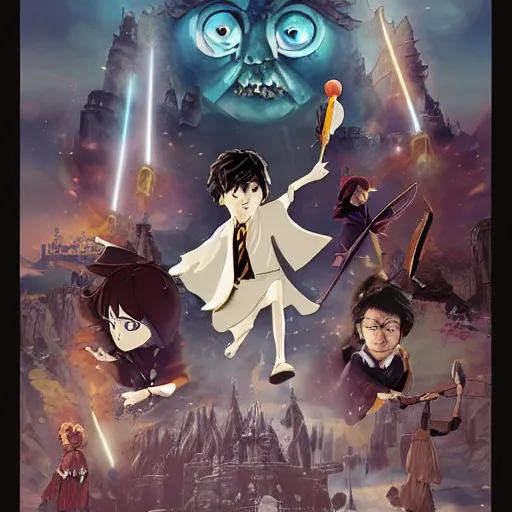 Prompt: poster for a film fantasy japanese animation called harry potter, a new hope, 8 k, hd, dustin nguyen, akihiko yoshida, greg tocchini, greg rutkowski, cliff chiang