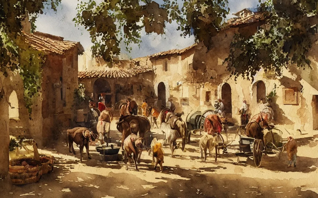 Image similar to beautiful watercolor painting by joseph zbukvic and alvaro castagnet, depicting a wine harvesting on a sunny day in a little italian village