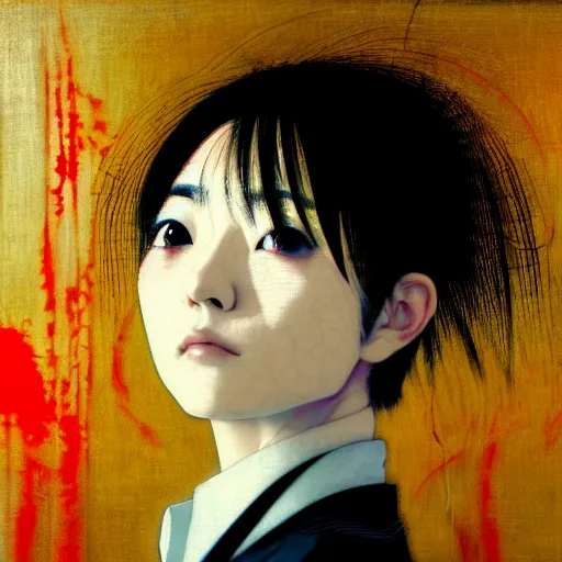 Image similar to yoshitaka amano blurred and dreamy realistic three quarter angle portrait of a young woman with short hair and black eyes wearing office suit with tie, junji ito abstract patterns in the background, satoshi kon anime, noisy film grain effect, highly detailed, renaissance oil painting, weird portrait angle, blurred lost edges