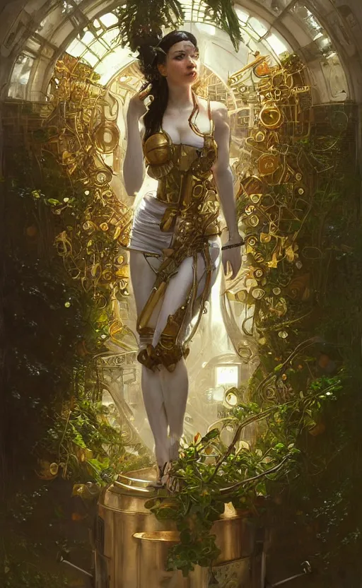 Image similar to hyper realistic time machine, cyberpunk, design on white background, beautiful details, lush foliage cyberpunk, gold, drawn by john singer sargent, tom bagshaw, norman rockwell, alphonso mucha, lolish, trending on artstation