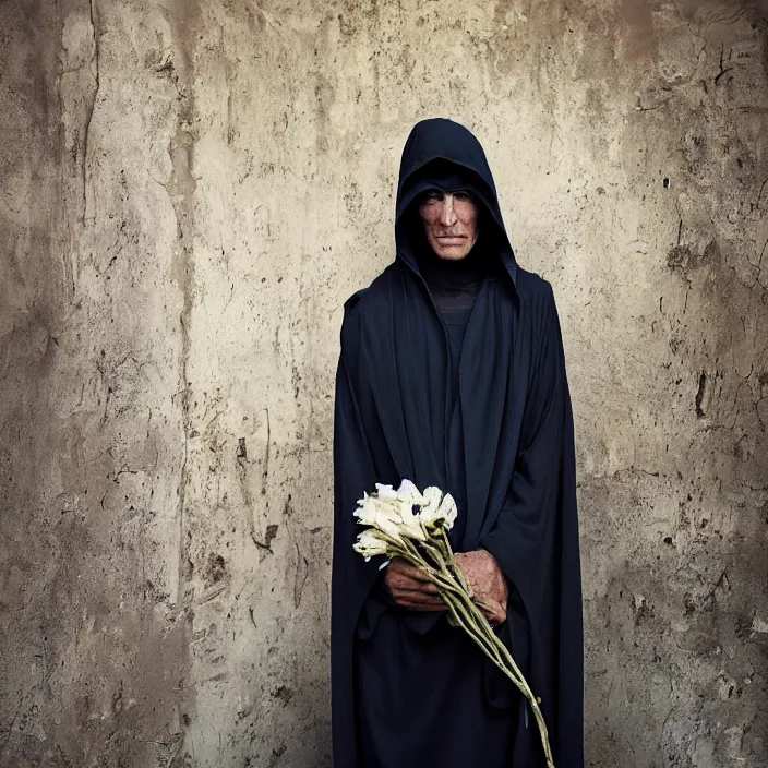 Prompt: closeup portrait of a cloaked hooded figure holding flowers, standing in a desolate abandoned house, by Annie Leibovitz and Steve McCurry, natural light, detailed face, CANON Eos C300, ƒ1.8, 35mm, 8K, medium-format print