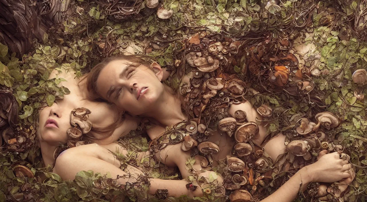 Image similar to a bio - mechanical pretty sleeping giant woman with mushrooms as camouflage highly detailed, cinematic, perfect face, cyberpunk, fine details, studio lighting, subtle shadows, art by stephen bliss, unreal engine, fantasy art by greg rutkowski, tom bagshaw, alphonse mucha, detailed and intricate environment, photo - realism, hyper realism, octane render