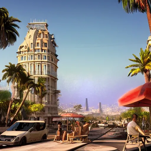 Prompt: landscape of the beautiful city of paris built in california, amazing sunny weather, eiffel tower next to the beach, palm trees, splendid haussmann architecture, digital painting, highly detailed, intricate, without duplication, art by craig mullins, greg rutkwowski, concept art, matte painting, trending on artstation, octane render, 8 k
