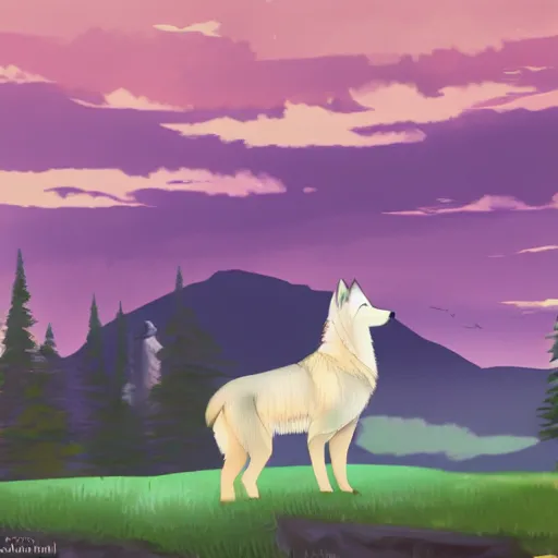 Image similar to scenic pictures with wolves, fursona, anime