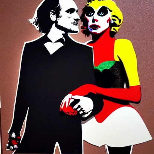 Prompt: richard hamilton and mimmo rottela and banksy as joaquin phoenix skinny joker holding hand lady gaga harley queen, ultra photorealistic, intricate details, pop art style, baroque, baroque, balance composition, concept art, ultrarealistic, 3 colors, smooth, sharp focus