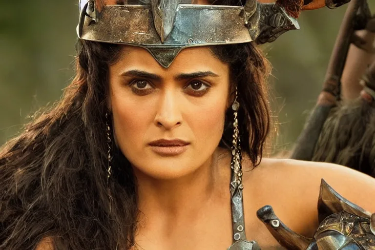 Prompt: epic photo of salma hayek as beautiful barbarian warrior princess in a battle scene, detailed eyes, neutral expression, depth of field, photorealistic, cinematic lighting, lovely bokeh, warm colours, dusk, conan 1 9 8 5