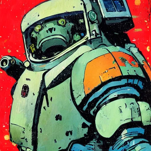 Image similar to Manatee Space Marine by Ashley Wood, Yoji Shinkawa, Jamie Hewlett, 60's French movie poster, French Impressionism, vivid colors, palette knife and brush strokes, Dutch tilt