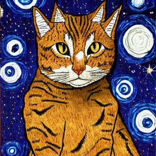 Prompt: d & d style full body portrait, tabaxi male in a tuxedo, in the style of starry night.