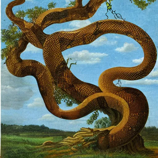 Prompt: a giant snake with an oak tree for a head